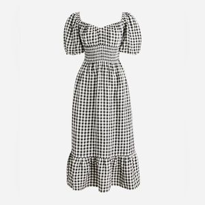 J. Crew smocked-waist puff sleeve midi dress in gingham linen